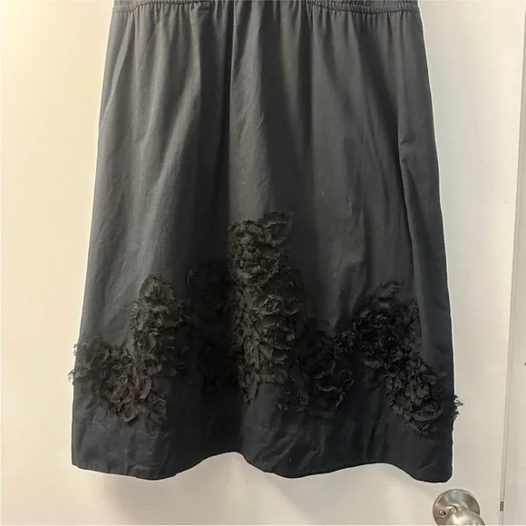 LOFT Black Sleeveless Dress with Ruffle Neckline & 3D Floral Hem | Size 4 - Picture 2 of 5